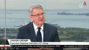Sir Lynton Crosby AO at CNA discussing his take on what lies ahead for the US presidential election next year, as well as the importance of politicians communicating shared values within a community.